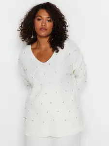 Trendyol Embellished Cable Knit V-Neck Pure Acrylic Pullover