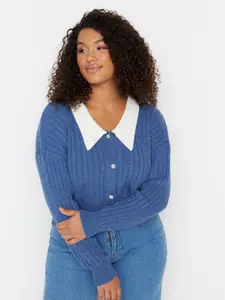 Trendyol Self Design Spread Collar Pure Acrylic Crop Cardigan Sweaters