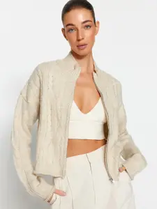 Trendyol Cable Knit Self Design Mock Collar Front-Open Sweater