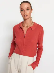 Trendyol Ribbed Shirt Collar Cropped Acrylic Front-Open Sweaters