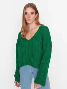 Trendyol Ribbed V-Neck Long Sleeve Woollen Pullover Sweaters