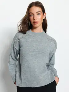 Trendyol Round Neck Acrylic Pullover Sweater With Embellished Detail