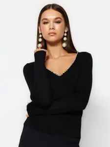 Trendyol V-Neck Ribbed Pure Acrylic Pullover