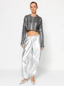 Trendyol Cable Knit Self Design Ribbed Crop Acrylic Pullover