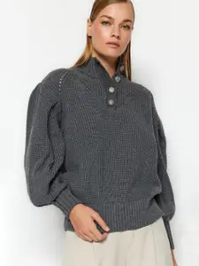 Trendyol Mock Neck Cable Knit Self Design Ribbed Pullover