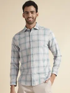 Andamen Premium Slim Fit Windowpane Checked Spread Collar Cotton Twill Casual Shirt