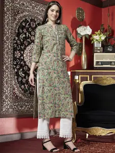 Sangria Floral Printed Mandarin Collar Cotton Straight Kurta