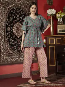 Sangria Printed Ethnic Pure Cotton Kaftan Top with Trousers