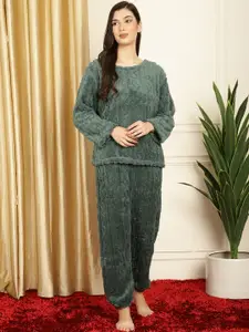TAG 7 Women Green Self Design Solid Woolen Fur Night Suit
