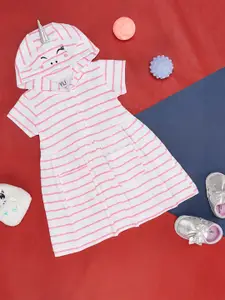 YU by Pantaloons Girls Striped Hooded Gathered Cotton A-Line Dress