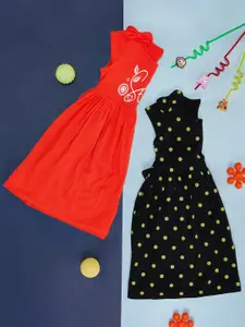 YU by Pantaloons Girls Pack of 2 Typography Printed Gathered Cotton Fit & Flare Dress