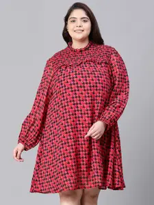 Oxolloxo Plus Size Geometric Printed Puff Sleeve Chiffon A-Line Dress