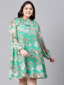 Oxolloxo Plus Size Floral Printed Puff Sleeves Smocked Chiffon A-Line Dress