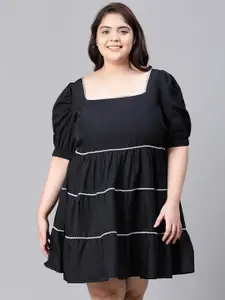 Oxolloxo Plus Size Square Neck Puff Sleeves Lace-Up Organic Cotton Fit & Flare Dress