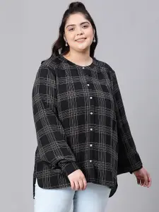 Oxolloxo Plus Size Relaxed Fit Tartan Checked Collarless Casual Shirt