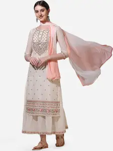 KALINI Floral Embroidered Round Neck Pure Cotton Kurta With Skirt & Dupatta