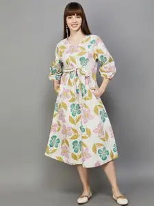 Colour Me by Melange Floral Printed Puff Sleeve Tie-Ups Fit & Flare Cotton Midi Dress