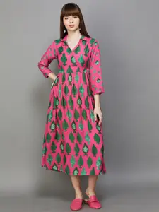 Colour Me by Melange Floral Printed Shirt Collar Pleated Fit & Flare Midi Dress