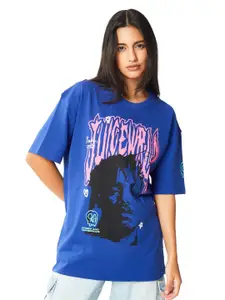 Bonkers Corner Blue Graphic Printed Drop-Shoulder Sleeves Cotton Oversized T-shirt