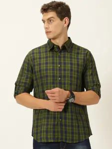 Harvard Olive Green Classic Slim Fit Twill Tartan Checked Pure Cotton Casual Shirt