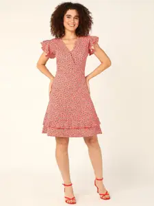 DressBerry Peach-Coloured & White Floral Printed Flared Sleeve A-Line Dress
