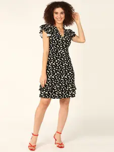 DressBerry Black & White Floral Printed Flared Sleeve A-Line Dress