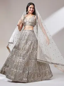 panchhi Beige Embroidered Shoulder Straps Lehenga & Unstitched Blouse With Dupatta