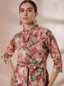 all about you Peach-Coloured Floral Printed Mandarin Collar Cotton A-Line Dress