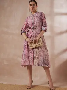 all about you Pink Ethnic Motifs Printed Cotton A-Line Midi Dress