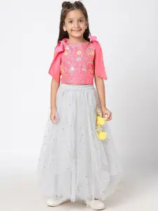 LIL DRAMA Girls Embroidered Thread Work Ready to Wear Lehenga & Blouse