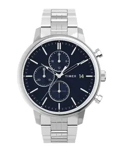 Timex Men Blue Brass Dial & Silver Toned Stainless Steel Bracelet Style Straps Analogue Chronograph Watch