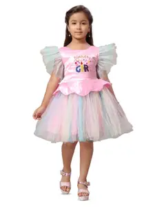 Aarika Girls Self Design Flutter Sleeve Embellished Tulle Net Fit & Flare Dress