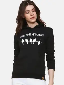 Campus Sutra Black Graphic Printed Hooded Long Sleeve Cotton Pullover Sweatshirt