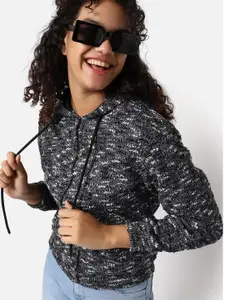 Campus Sutra Abstract Printed Hooded Cotton Front Open Sweatshirt