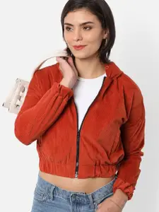 Campus Sutra Cotton Cropped Corduroy Hooded Sweatshirt