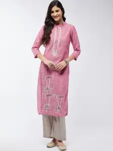 Pannkh Floral Embroidered Mandarin Collar Cotton Straight Kurta