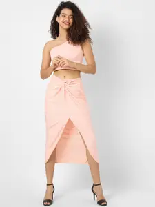 Campus Sutra One-Shoulder Crop Top With Wrap Skirt Co-Ords