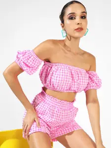 Campus Sutra Gingham Strapless Crop Top With Shorts
