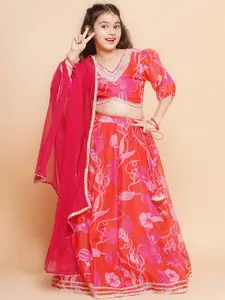 Bitiya by Bhama Girls Floral Printed Sequined Ready to Wear Lehenga & Blouse With Dupatta