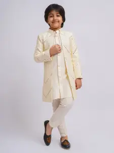 VASTRAMAY Boys Mirror Work Cotton Sherwani Over Kurta Pyjama