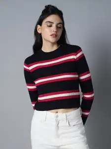 High Star Striped Round Neck Long Sleeve Acrylic Crop Pullover Sweaters