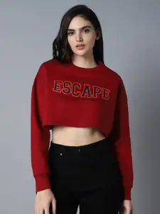 High Star Typography Printed Round Neck Long Sleeve Crop Pullover Sweatshirt