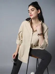 High Star Relaxed Oversized Spread Collar Long Sleeve Cotton Longline Casual Shirt