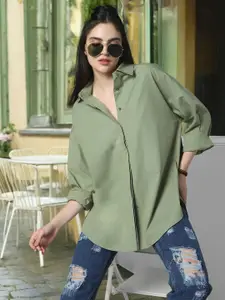 High Star Relaxed Oversized Spread Collar Long Sleeve Cotton Longline Casual Shirt