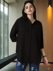 High Star Relaxed Oversized Spread Collar Long Sleeve Cotton Longline Casual Shirt