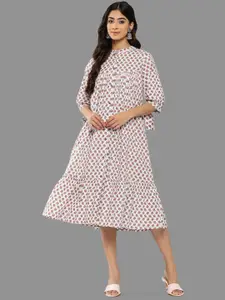 Janasya Floral Printed A-Line Cotton Midi Dress