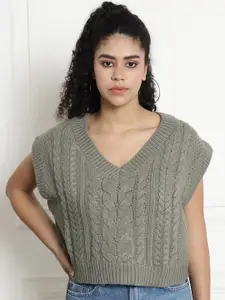 NoBarr Self Design Cable Knit Acrylic Crop Sweater Vest