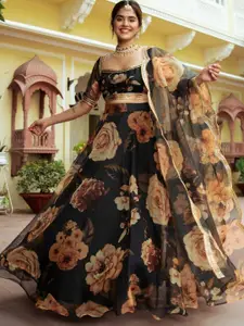 FABPIXEL Floral Printed Sequinned Semi-Stitched Lehenga & Unstitched Blouse With Dupatta