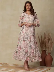 FASHOR Floral Printed Flared Sleeve Beads & Stones Chiffon Tiered A-Line Maxi Dress