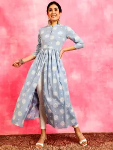 Anouk Blue Ethnic Motifs Mandarin Collar A-Line Pleated Cotton Kurta